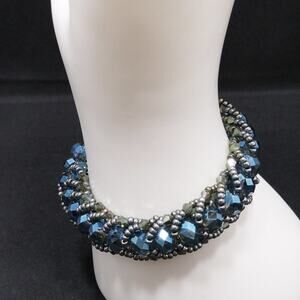 Artisan Blue Iridescent Crystal Seed Bead Bracelet, Toggle Clasp, 7 1/2 Inches